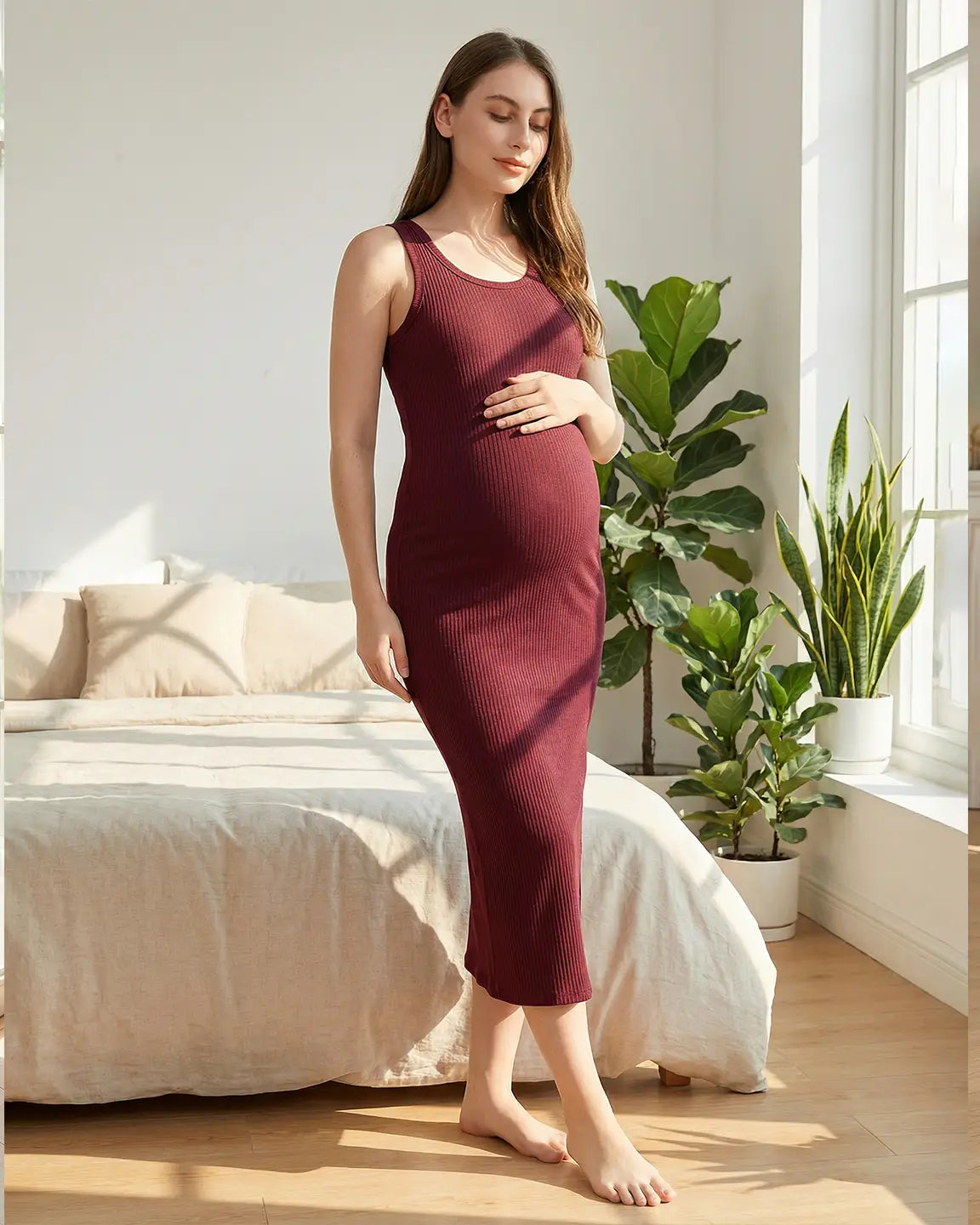 Ribbed Knit Tank Style Maternity Midi Dress