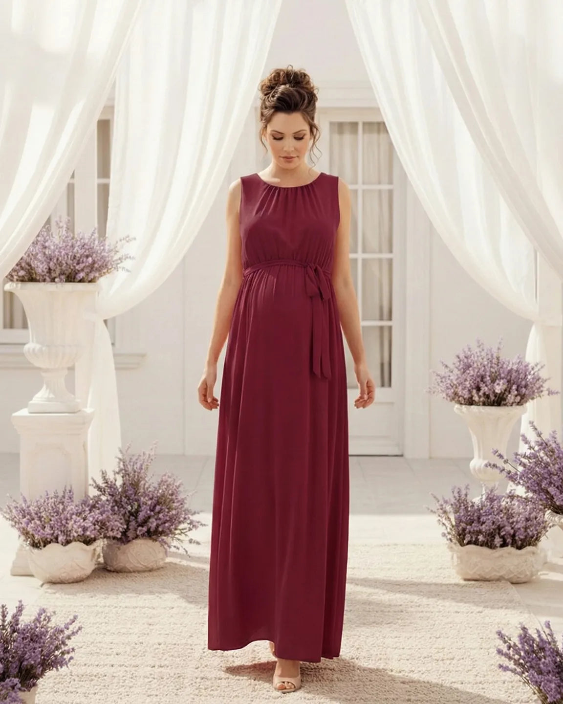 Gathered Bodice Elegant Maternity Maxi Dress