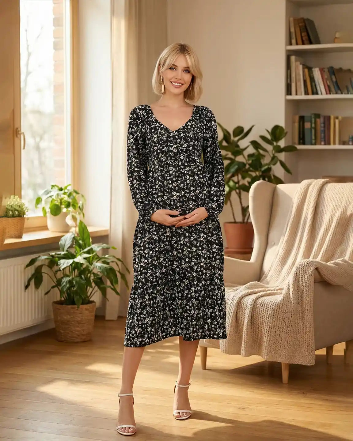 Long Sleeve Dark Floral Print Maternity Midi Dress