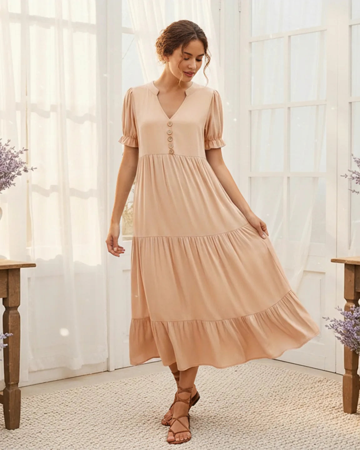 Stand-up Collar Tiered Skirt Maternity Midi Dress
