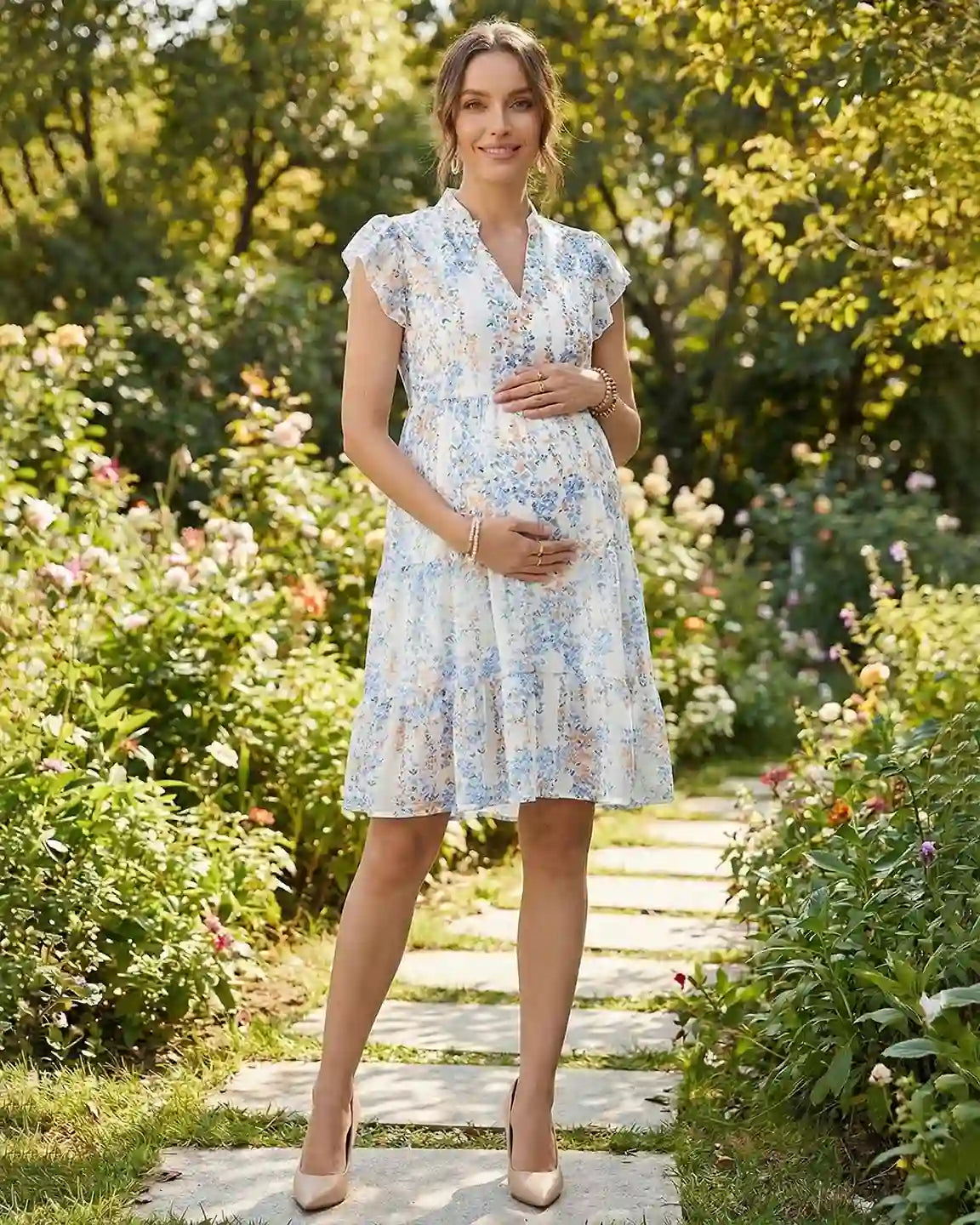Flutter Sleeves A-Line Flowy Maternity Dress