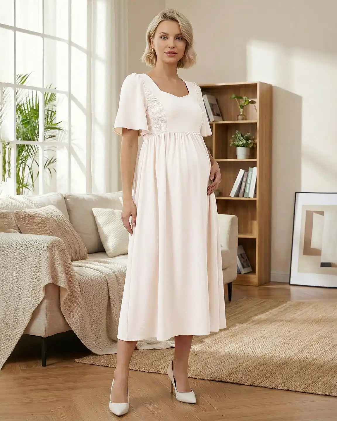 Shirred Ruffle Sleeve Swing Maternity Midi Dress