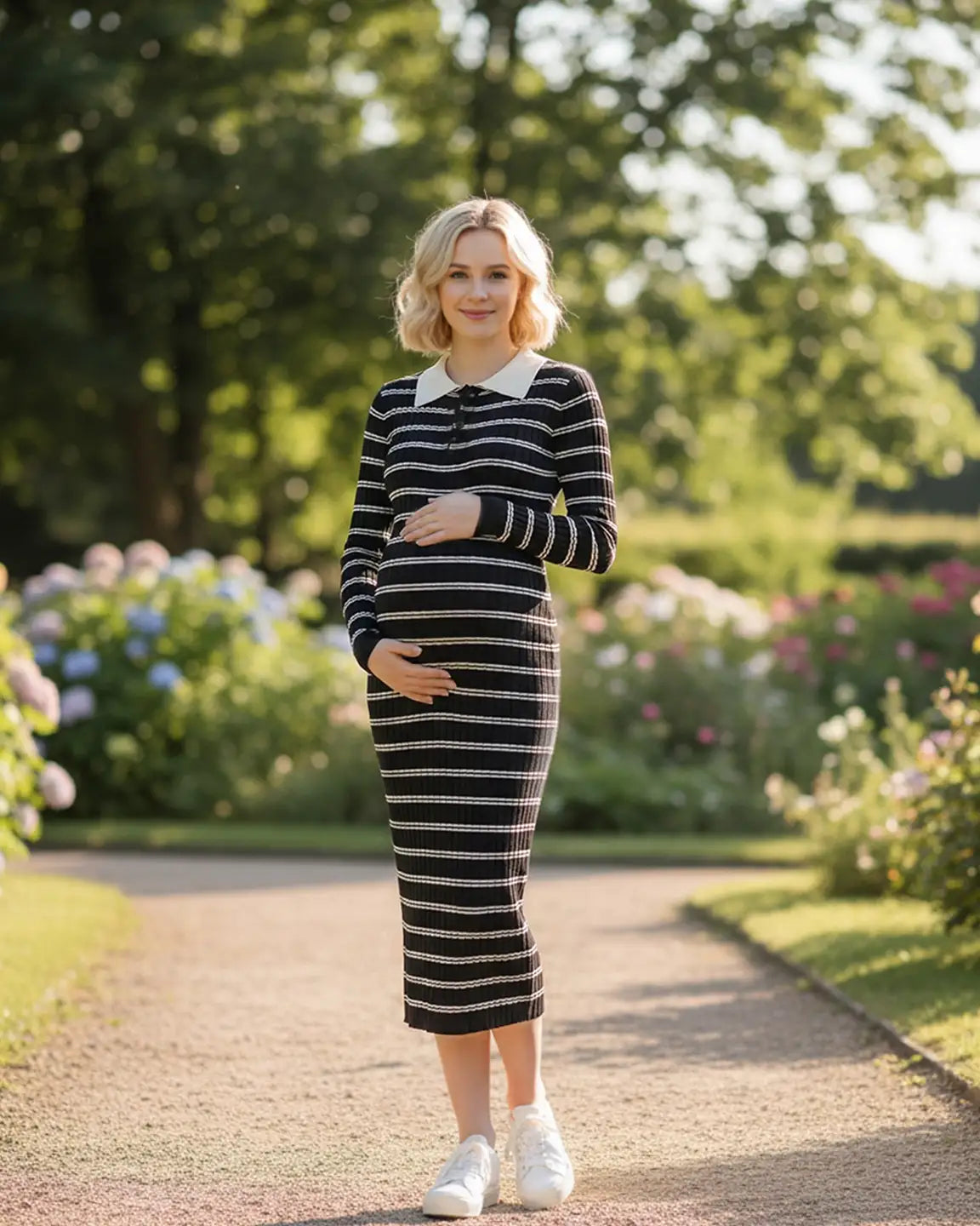 Contrast Collared Casual Maternity Midi Dress