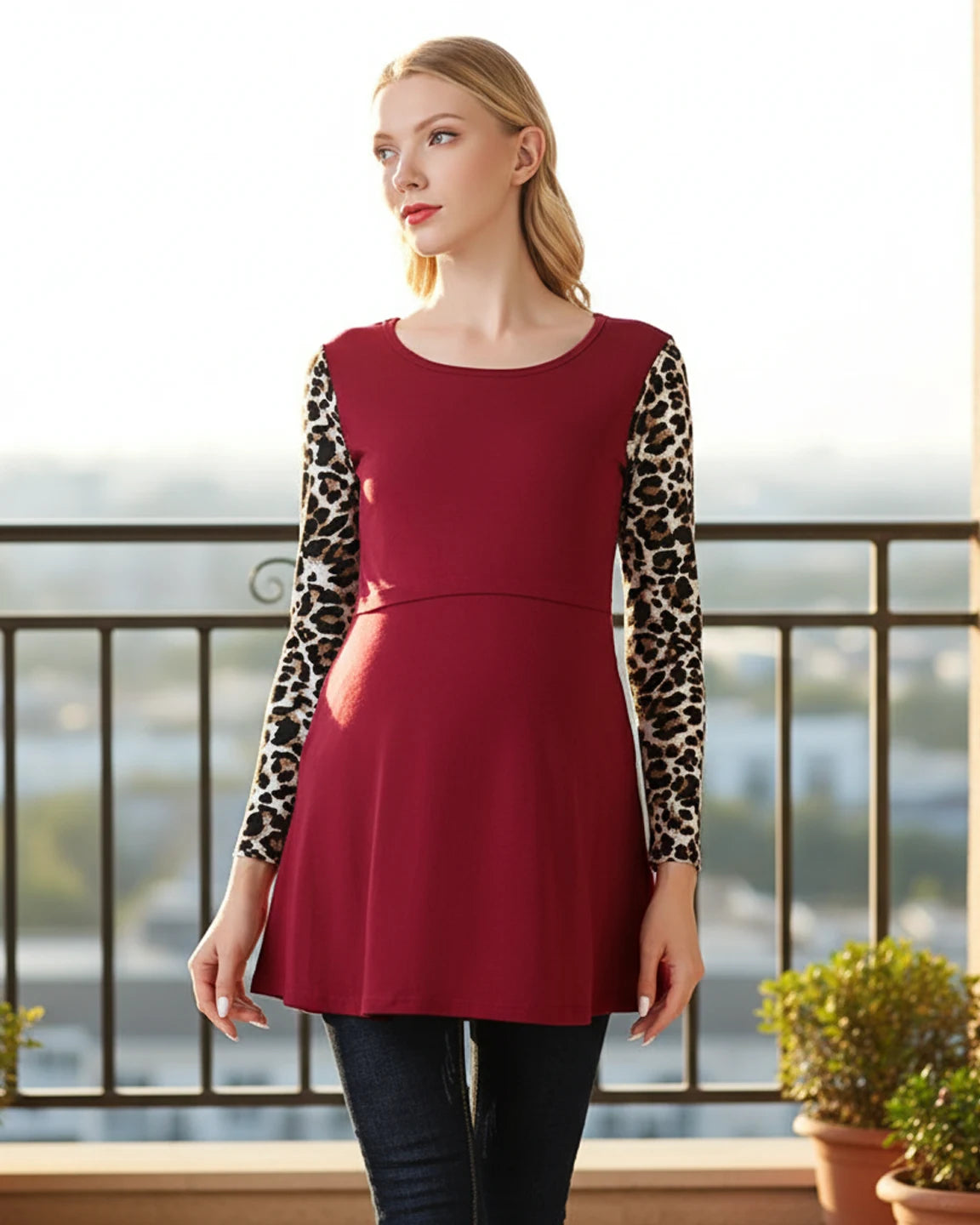 Leopard Sleeve Contrast Maternity Nursing Top
