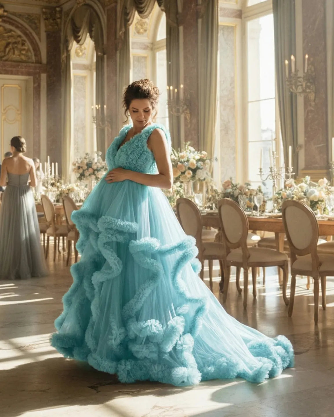 Ruffled Bodice Multi-Layer Mesh Pleats Maternity Gown