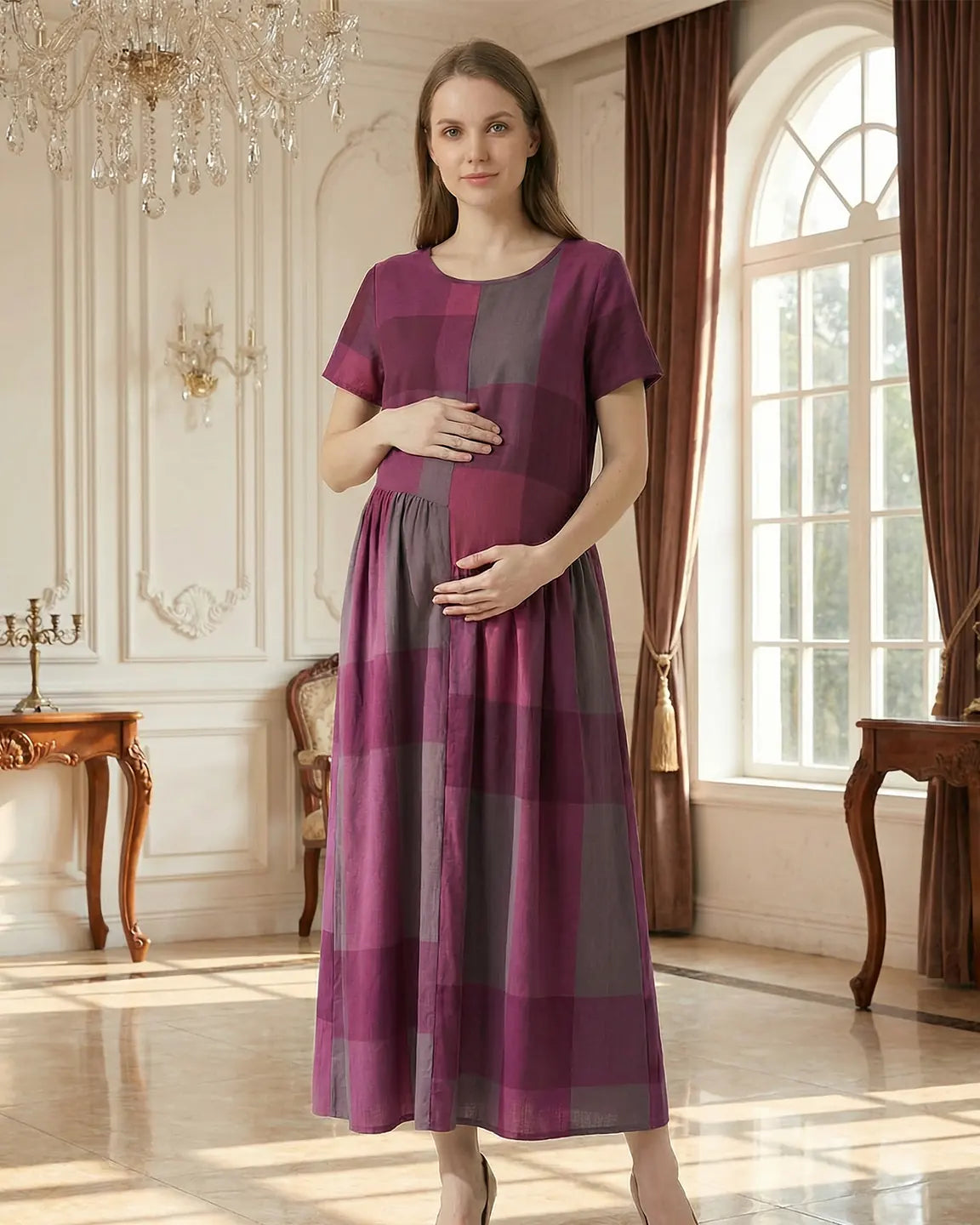 Plaid Color Block Loose Fit Maternity Maxi Dress