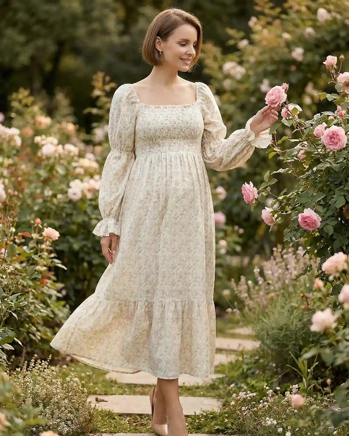 Puff Sleeves Floral Print Maternity Maxi Dress