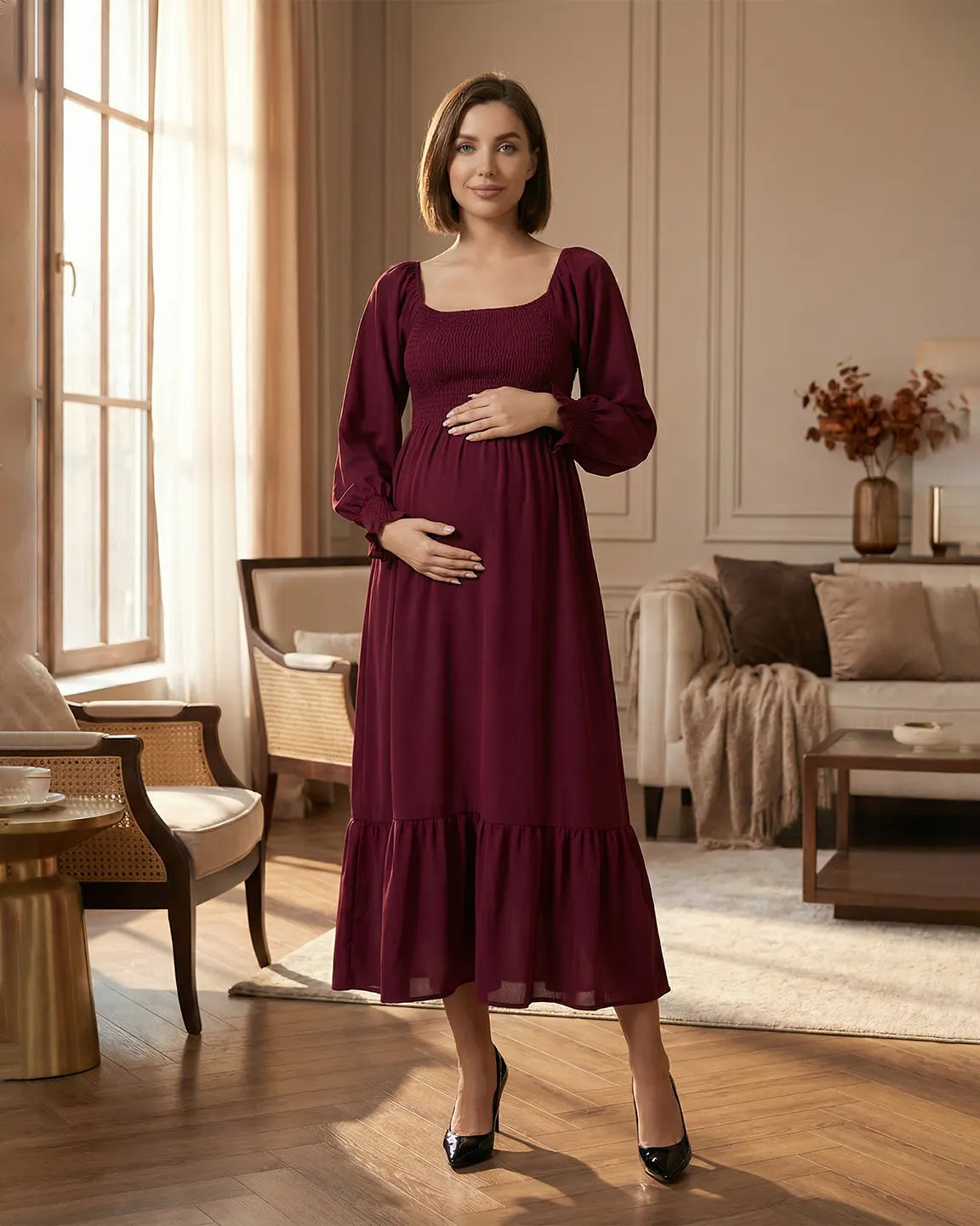 Smocked Square Neck Ruffled Hem Maternity Maxi Dress