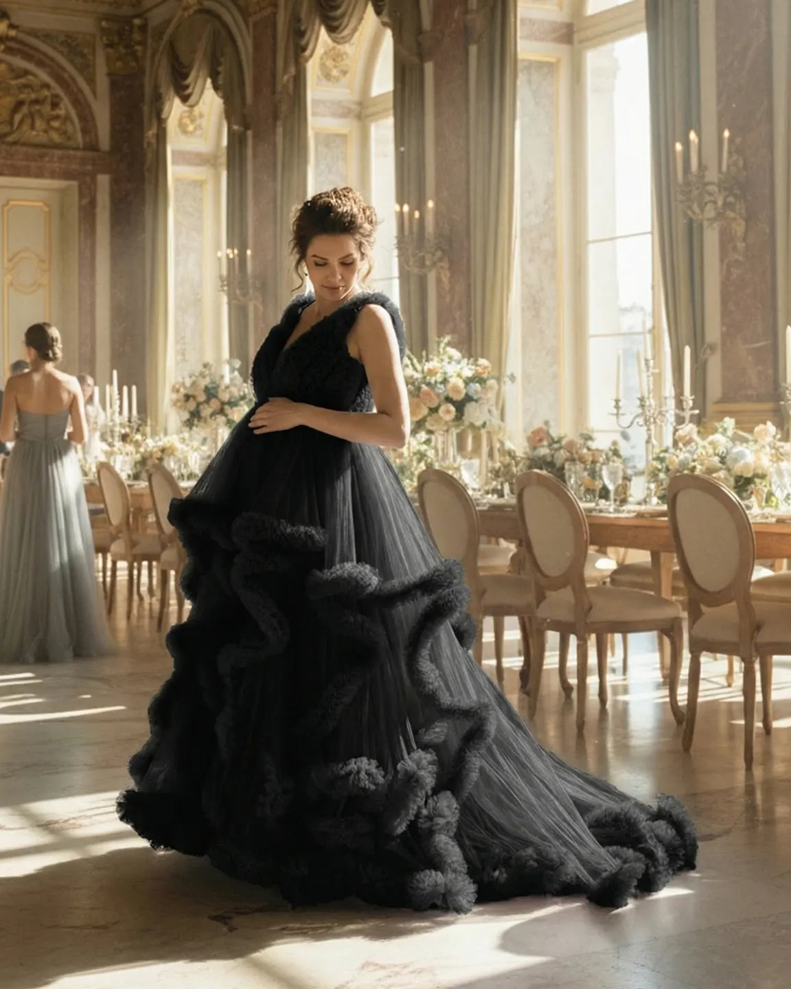 Ruffled Bodice Multi-Layer Mesh Pleats Maternity Gown