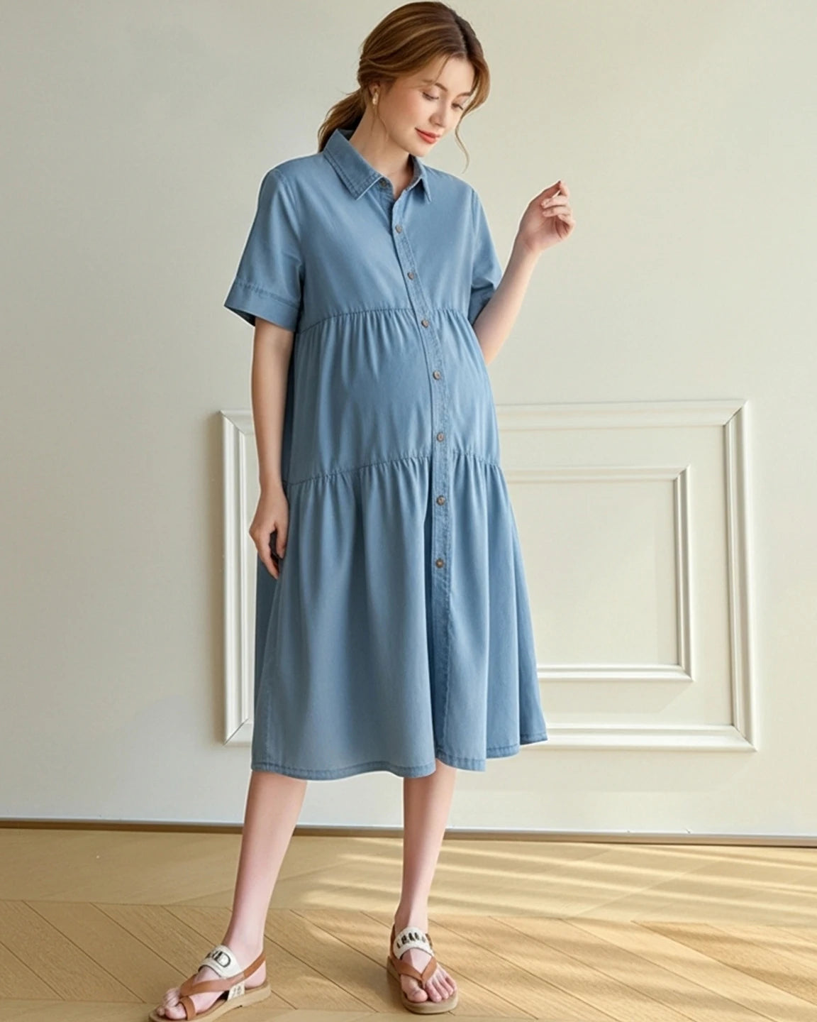 Tiered Denim Casual Maternity Midi Dress
