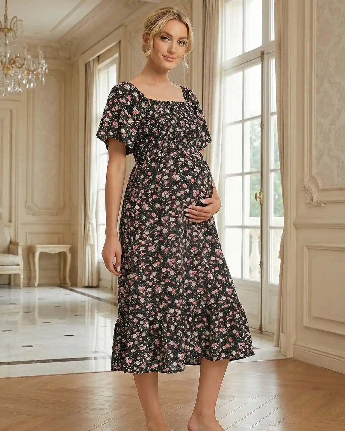 Floral Print Flowy Skirt Maternity Midi Dress