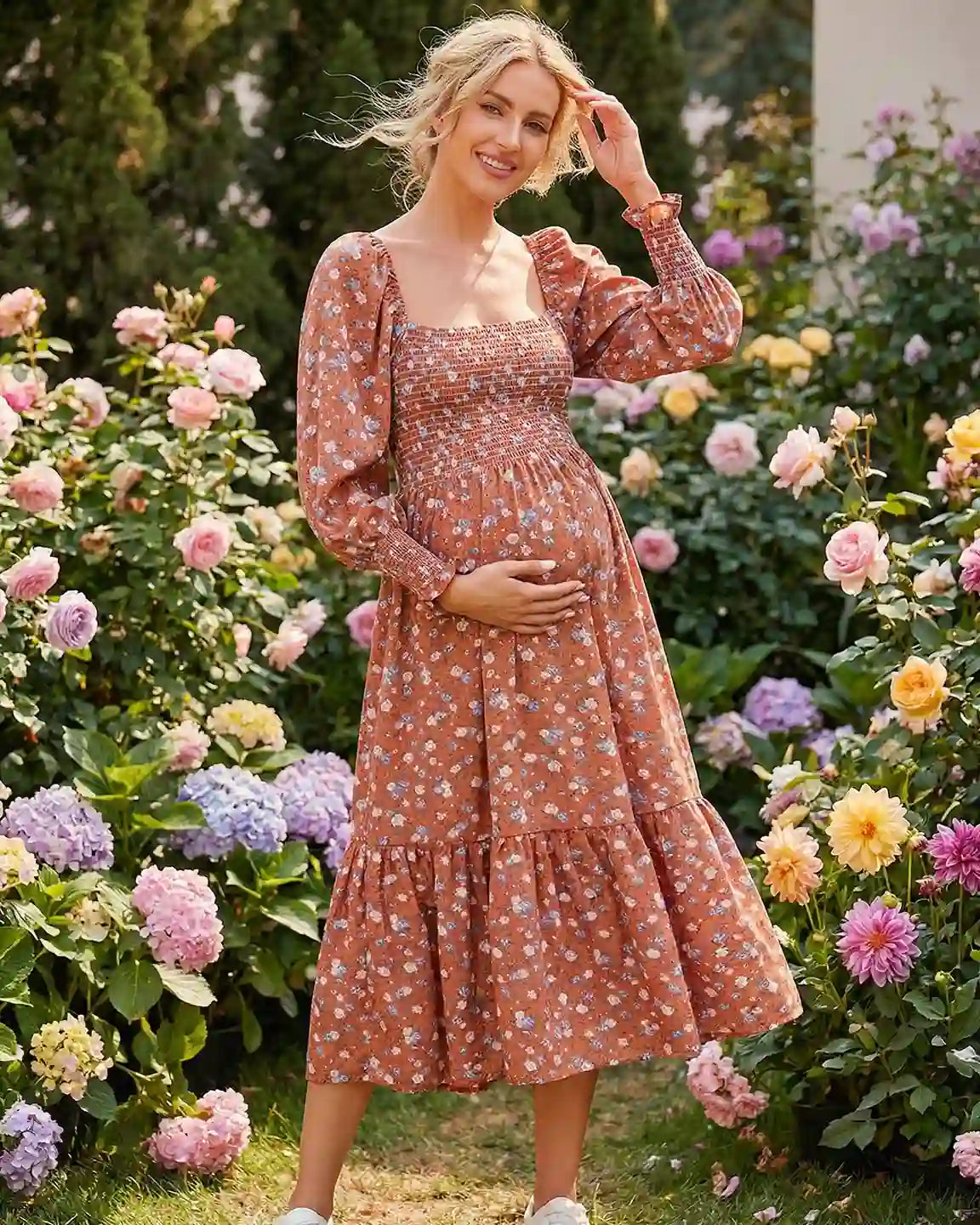 Smocked Bodice Boho Maternity Midi Dress