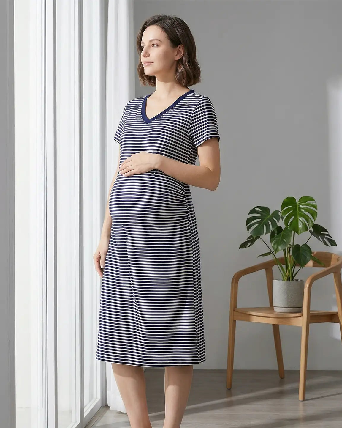 Striped V-Neck Straight Fit Maternity & Nursing Dress
