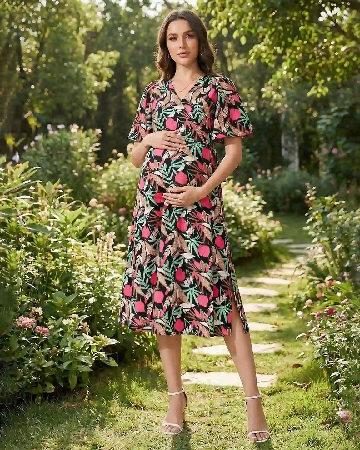 Tropical Print Tie-Waist Flowy Maternity Midi Dress
