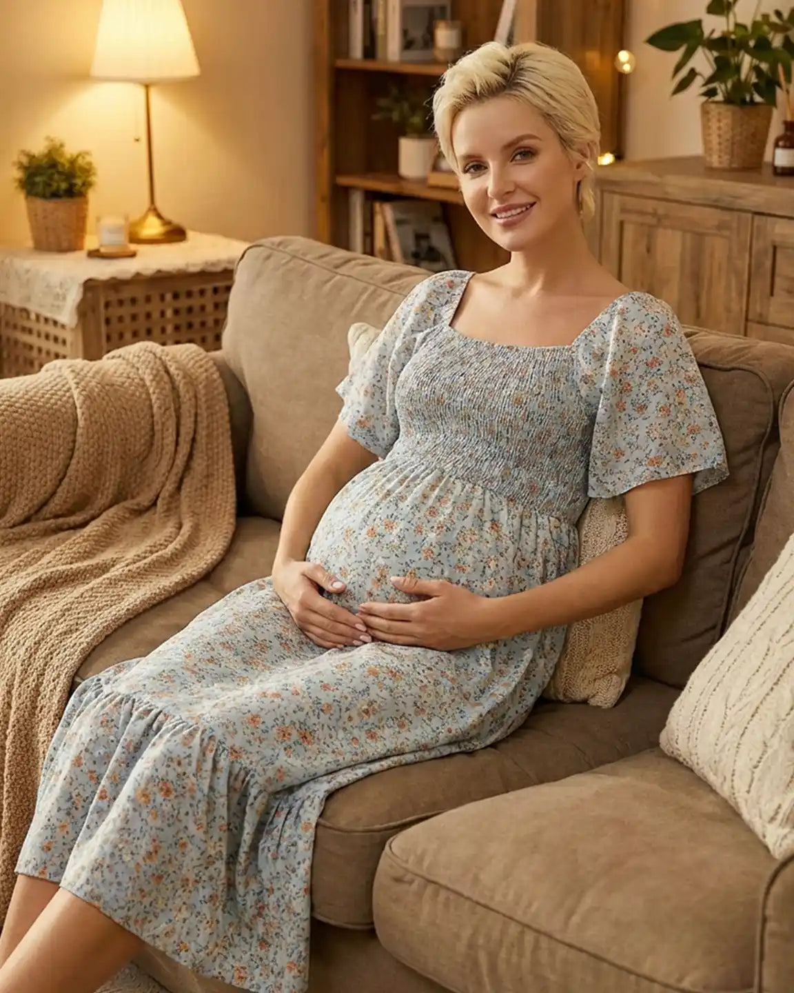 Smocked Bodice Square Neck Maternity Midi Dress