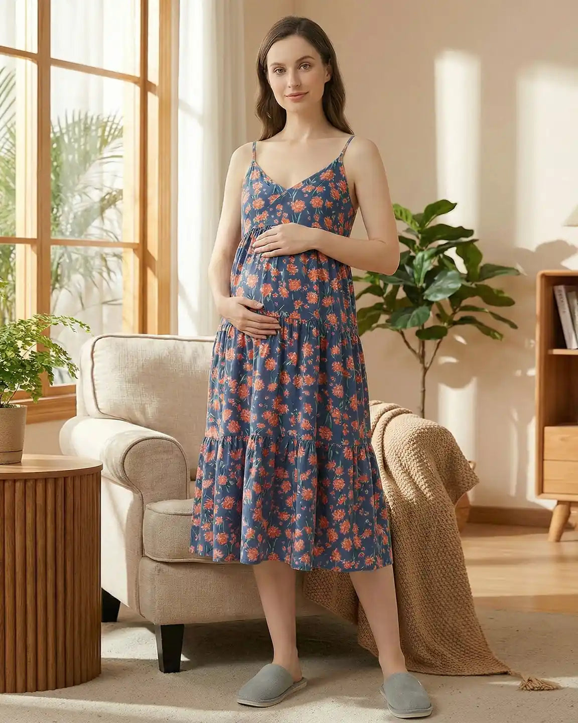 V-neck Ruffled Skirt Maternity Nightdress