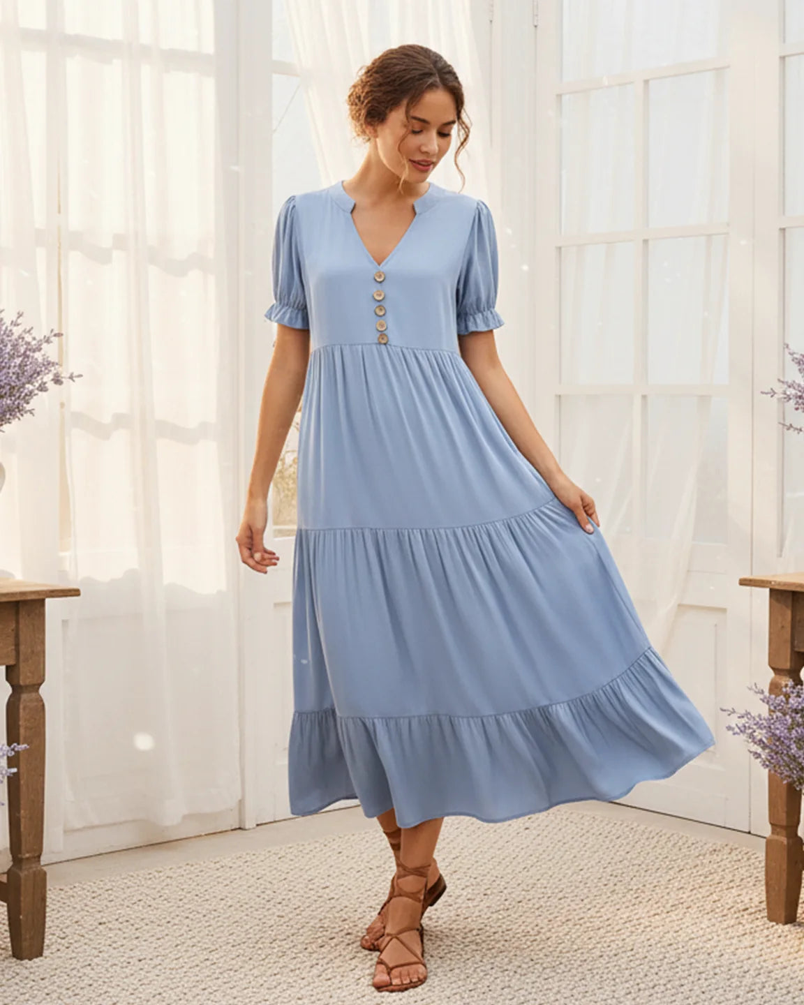 Stand-up Collar Tiered Skirt Maternity Midi Dress