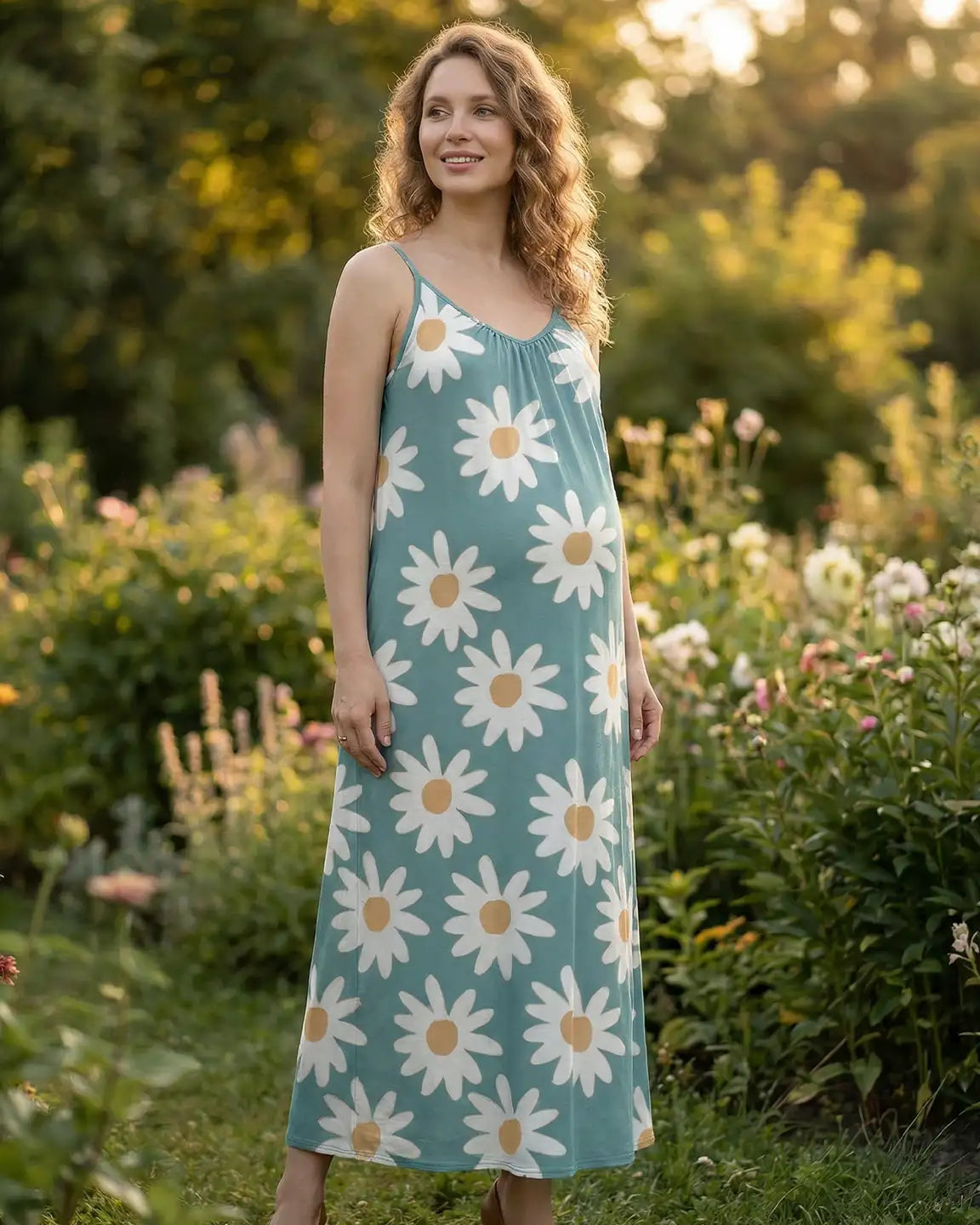 Spaghetti Straps Daisy Print Maternity Maxi Dress