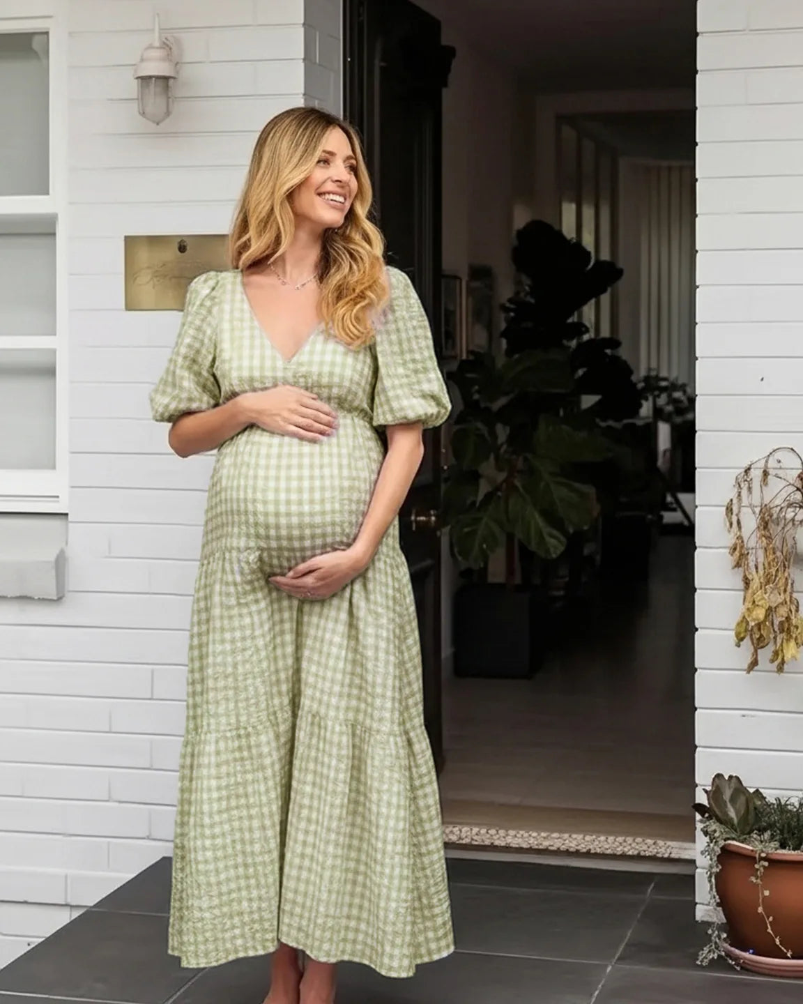 Puffed Sleeves Checkered Maternity Maxi Dress