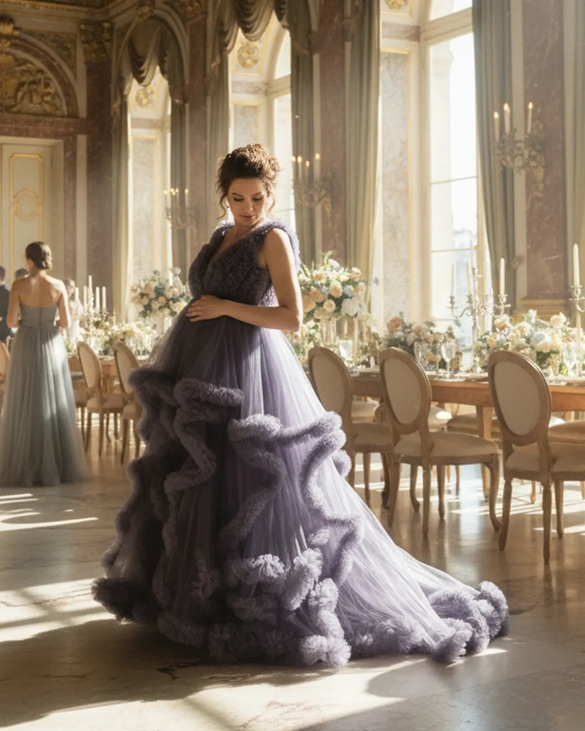 Ruffled Bodice Multi-Layer Mesh Pleats Maternity Gown