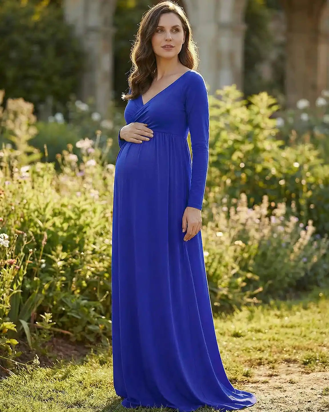 Long-Sleeve Full Train Maternity Maxi Dress
