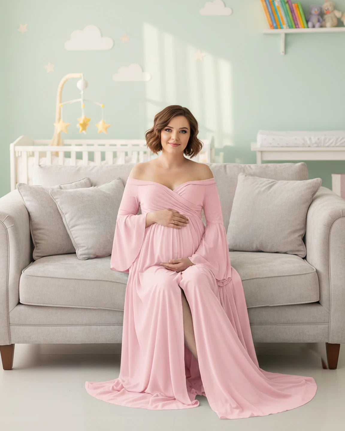 Bell Sleeves Super Long Train Maternity Photoshoot Gown