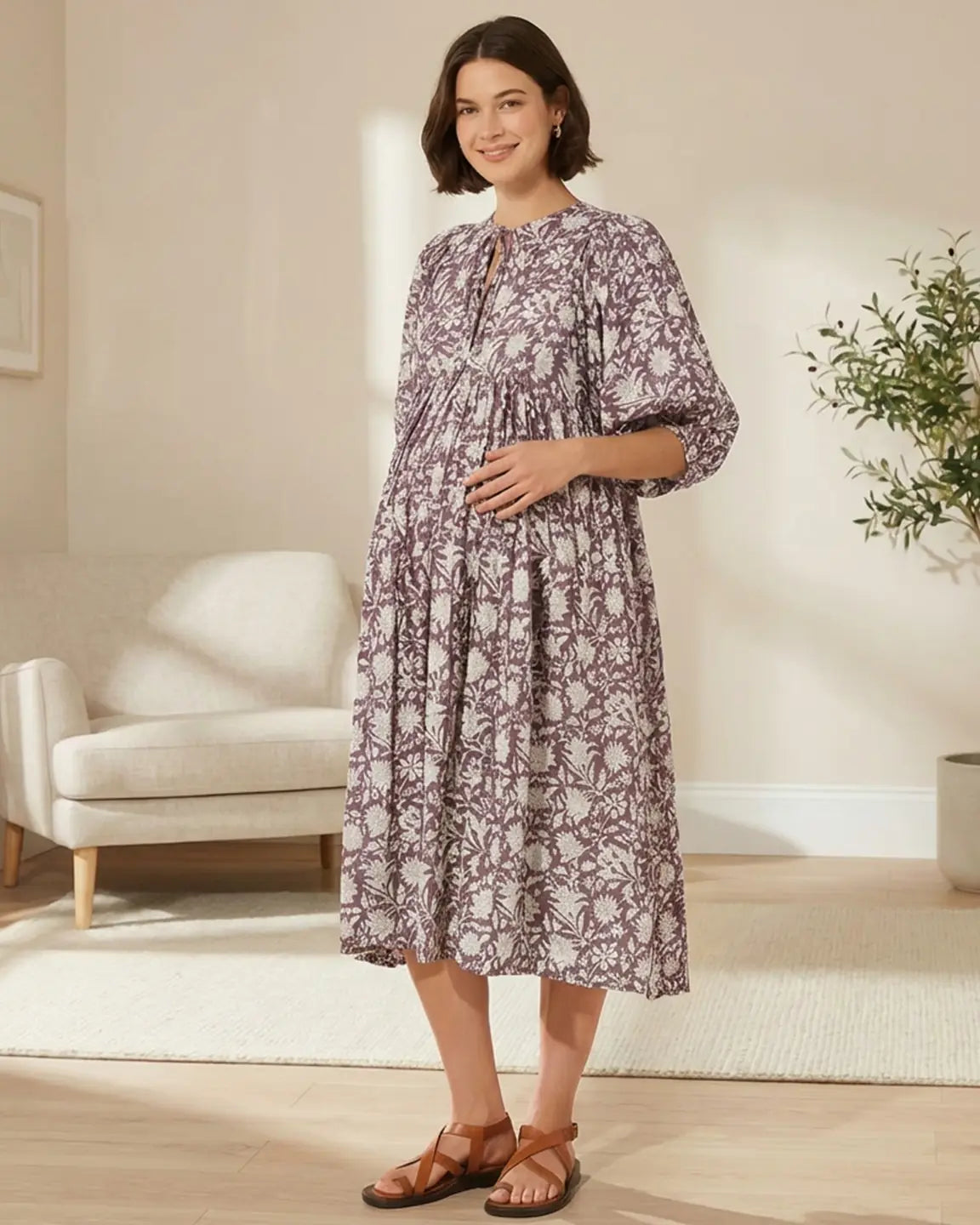Knot Neckline Puff Sleeve Maternity Midi Dress