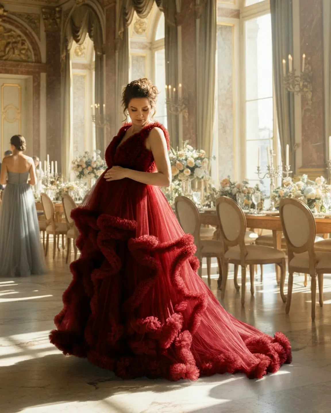 Ruffled Bodice Multi-Layer Mesh Pleats Maternity Gown