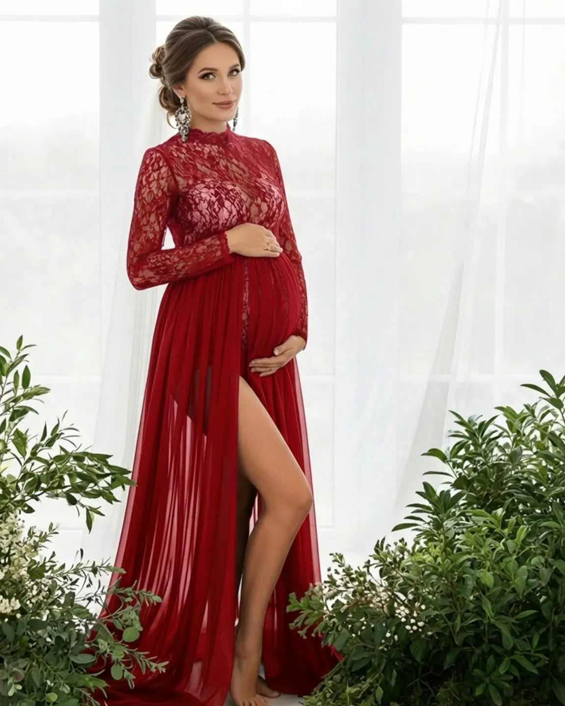 Sheer Lace Double Slit Maternity Photoshoot Gown