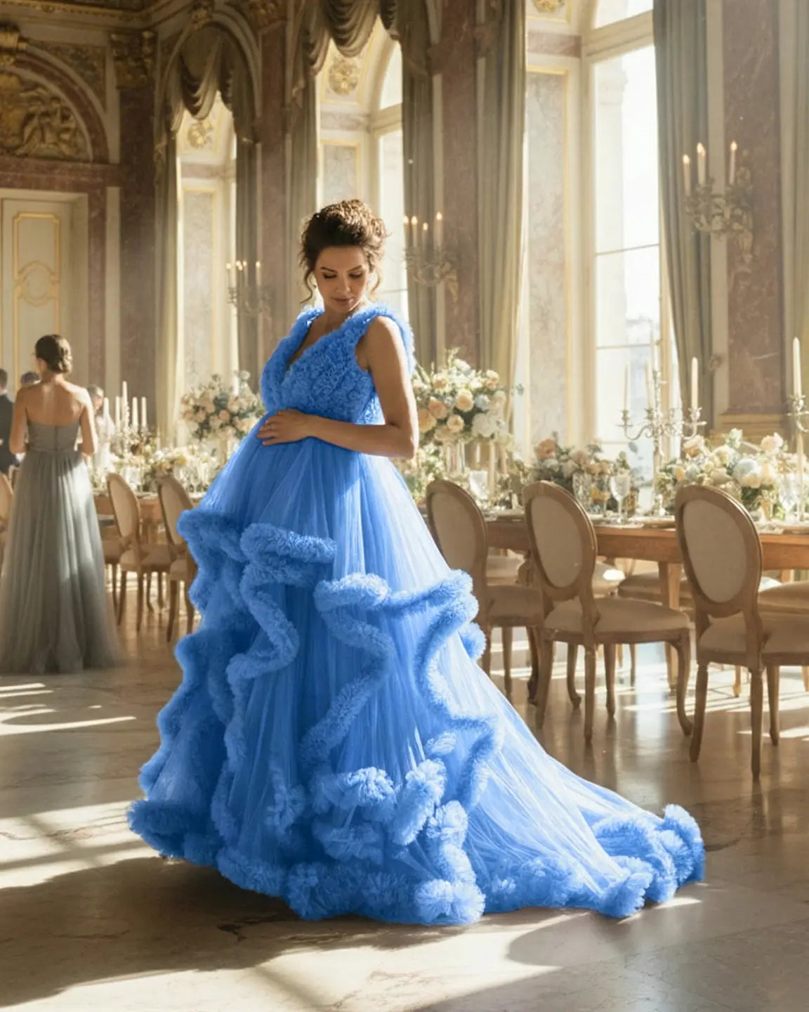 Ruffled Bodice Multi-Layer Mesh Pleats Maternity Gown