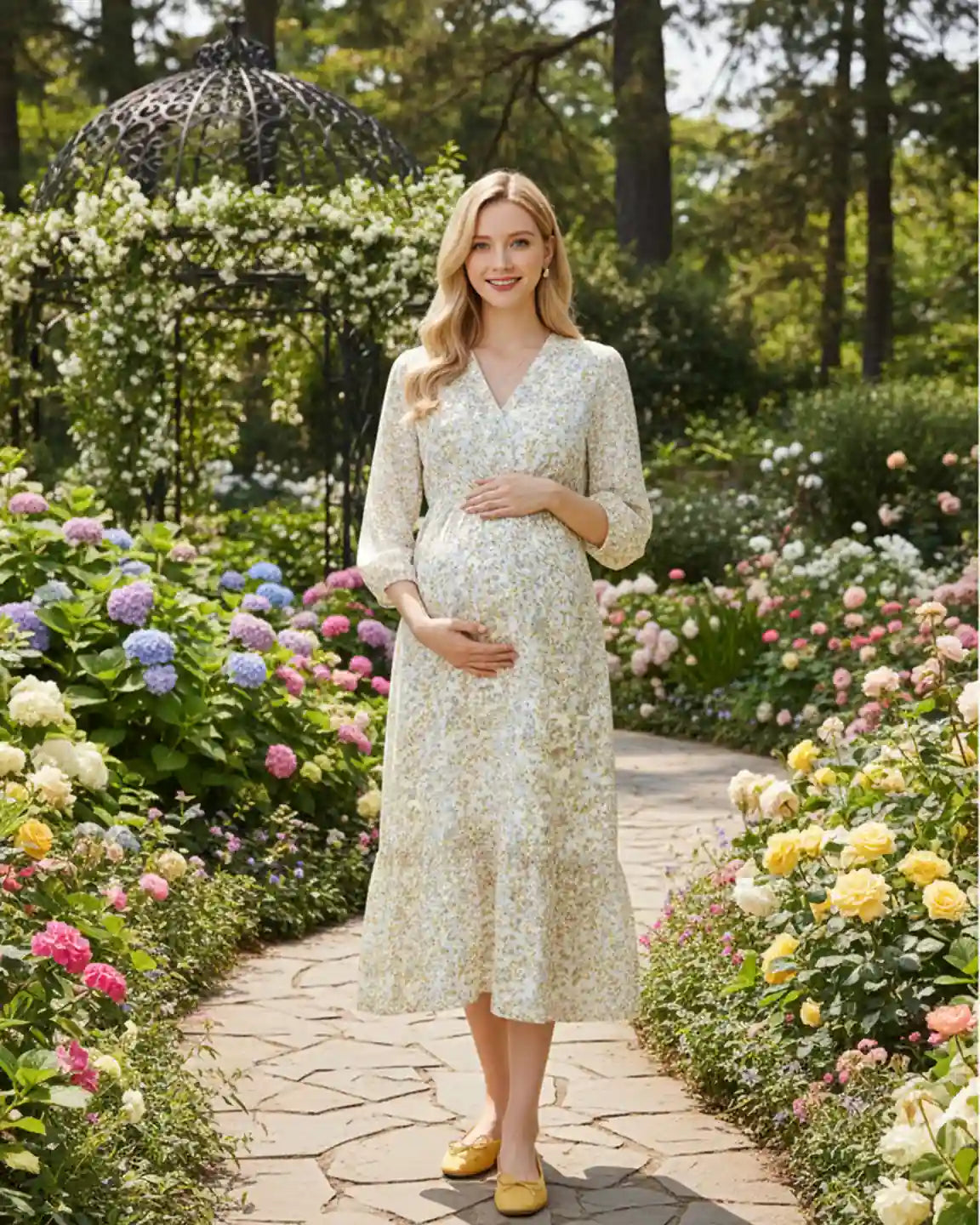 Floral Ruffle Hem Smocked Waist Maternity Midi Dress