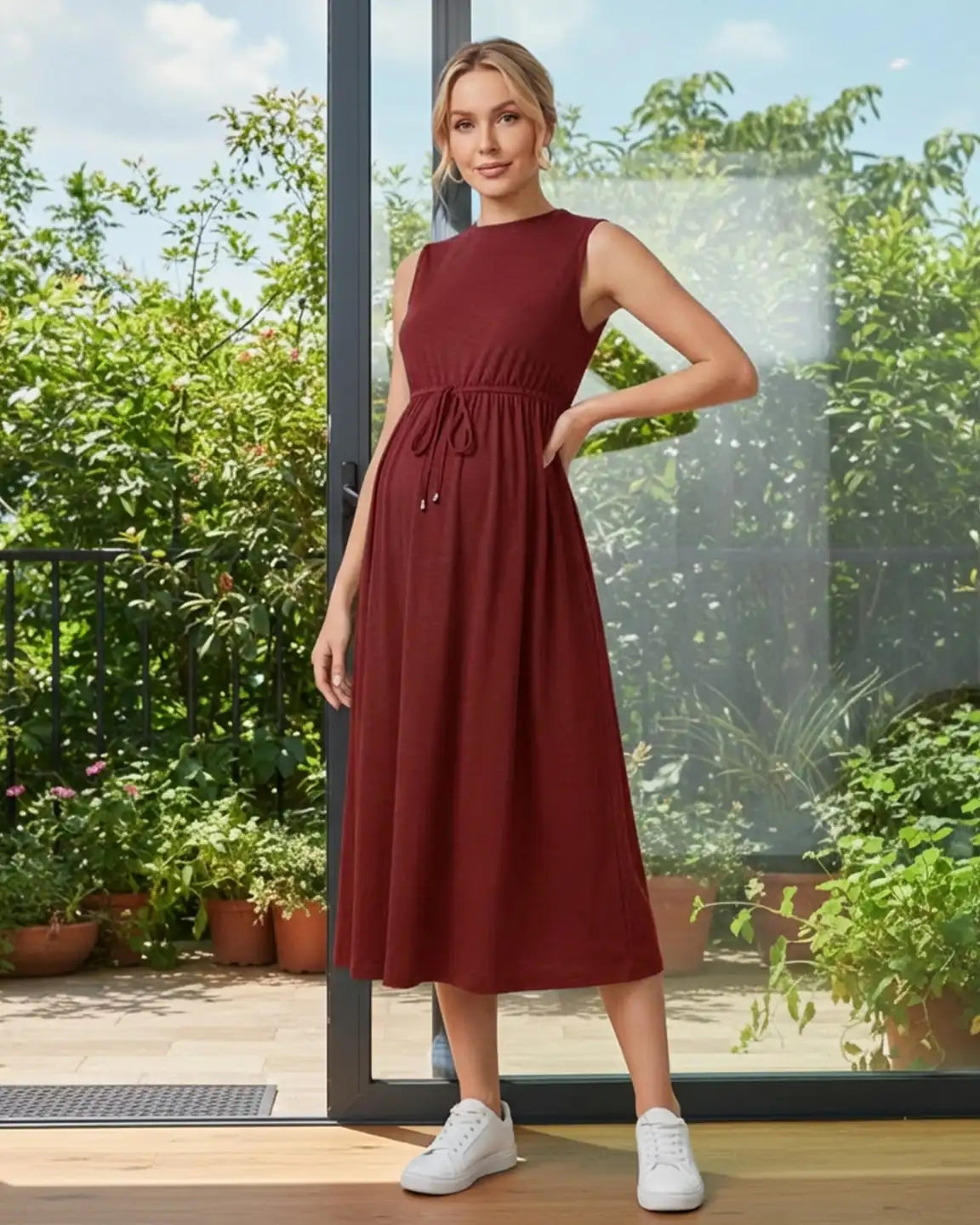 Drawstring Waist Sleeveless Maternity Midi Dress