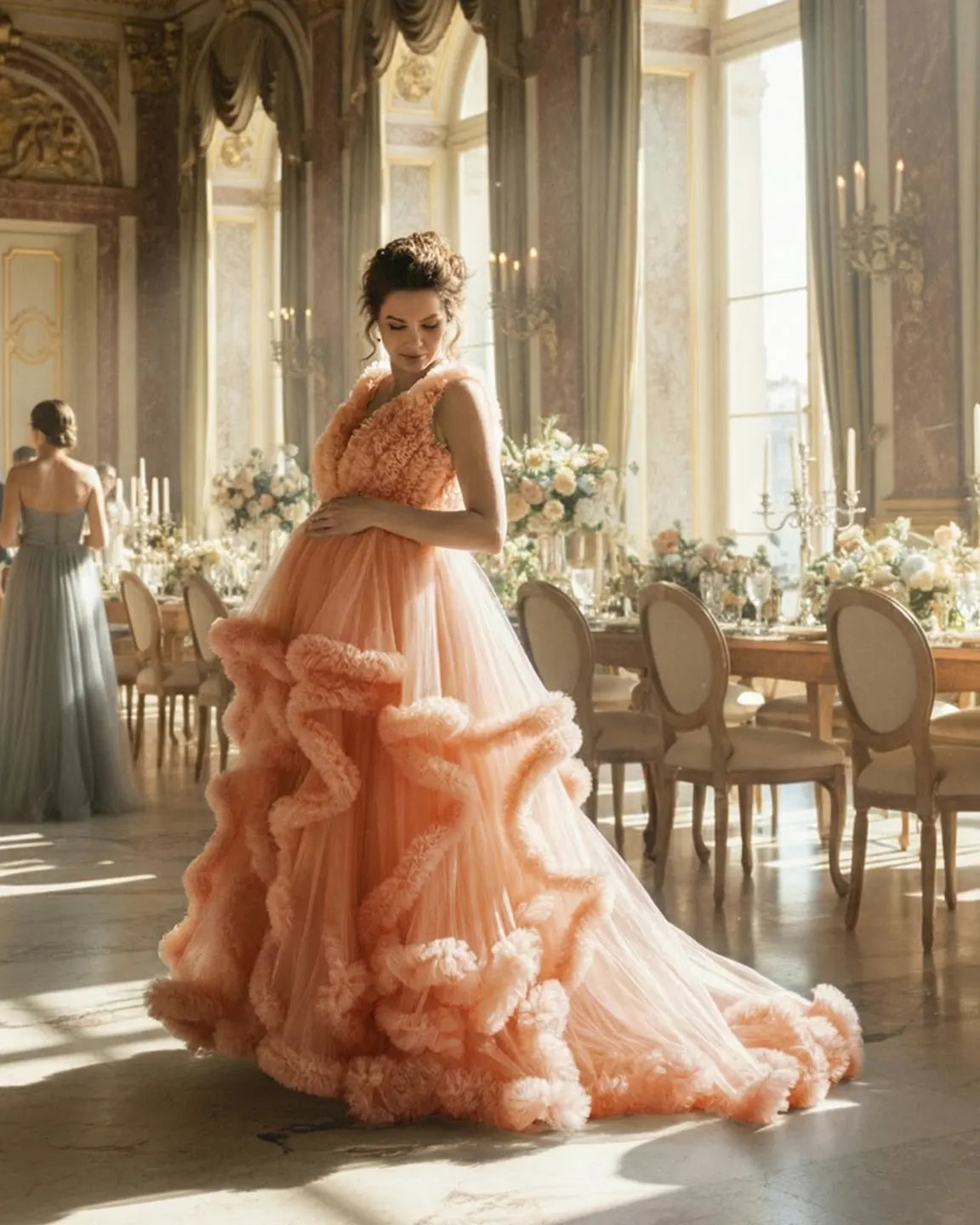 Ruffled Bodice Multi-Layer Mesh Pleats Maternity Gown