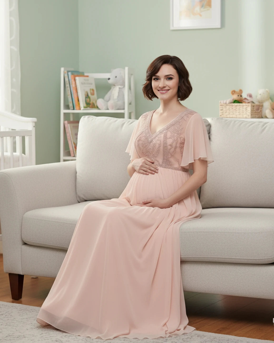 Embroidered Bodice Long Train Maternity Photoshoot Gown