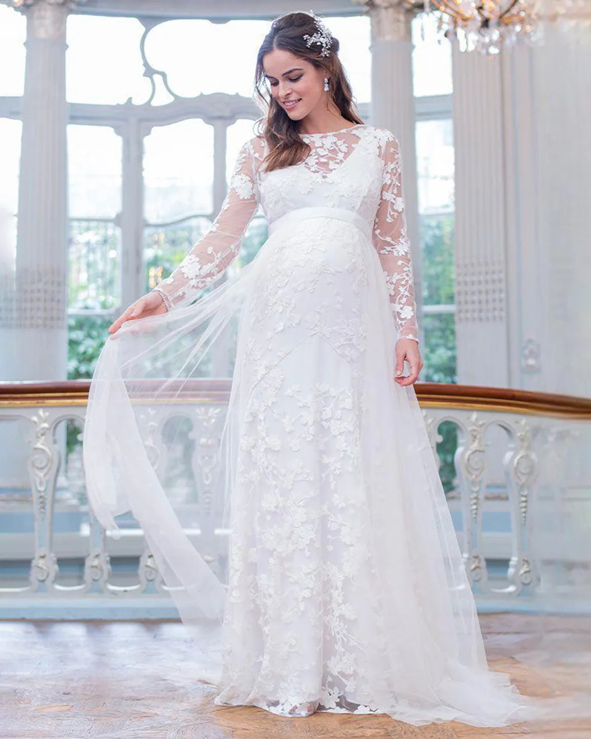 Detachable Mesh Lace V-Neck Maternity Wedding Dress