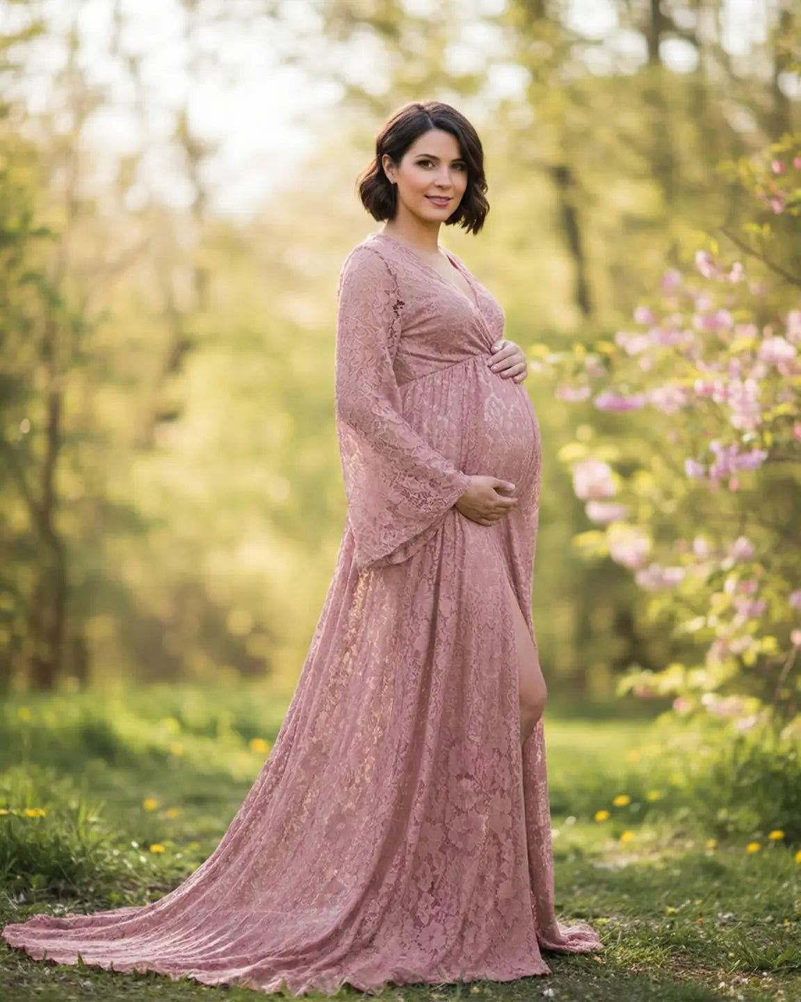 Long Bell Sleeve See Through Maternity Gown