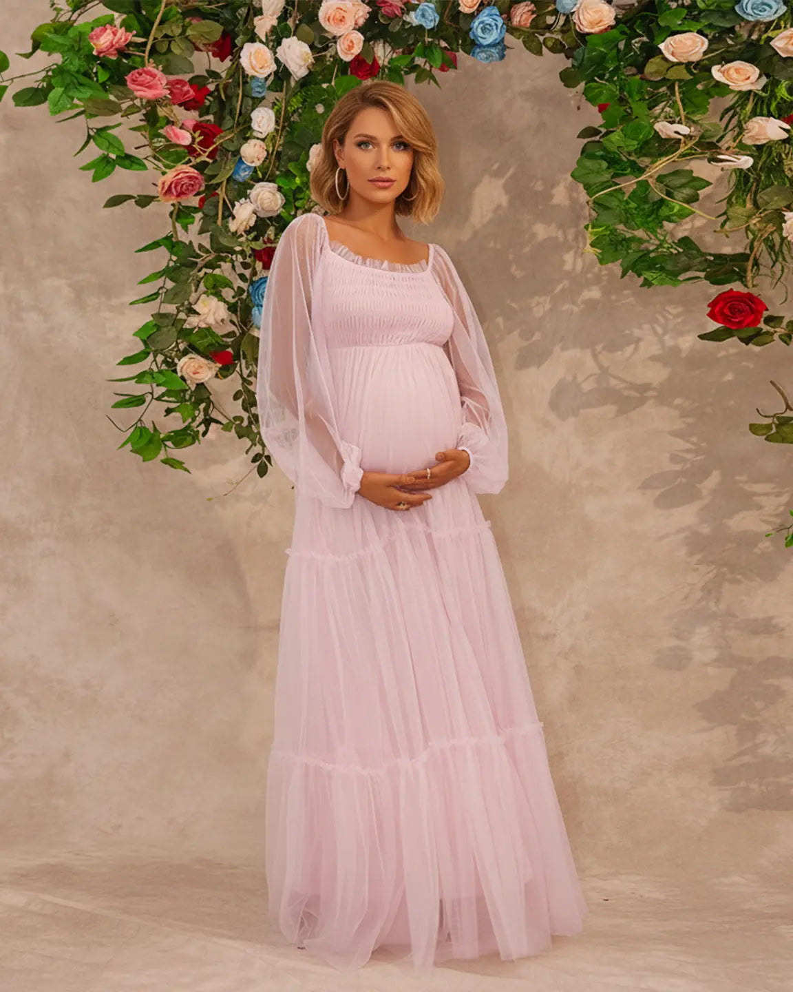 Lantern-Sleeve Tiered Tulle Maternity Photoshoot Gown