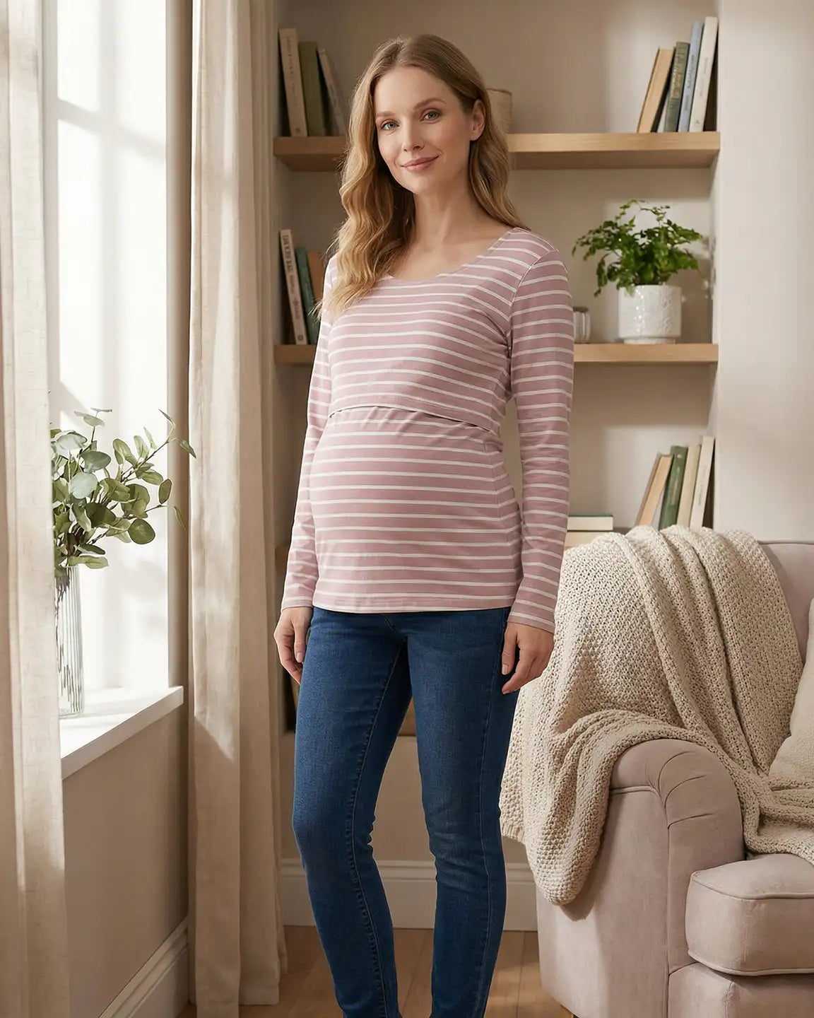 Round Neck Stripe Pull-up Maternity & Nursing Top