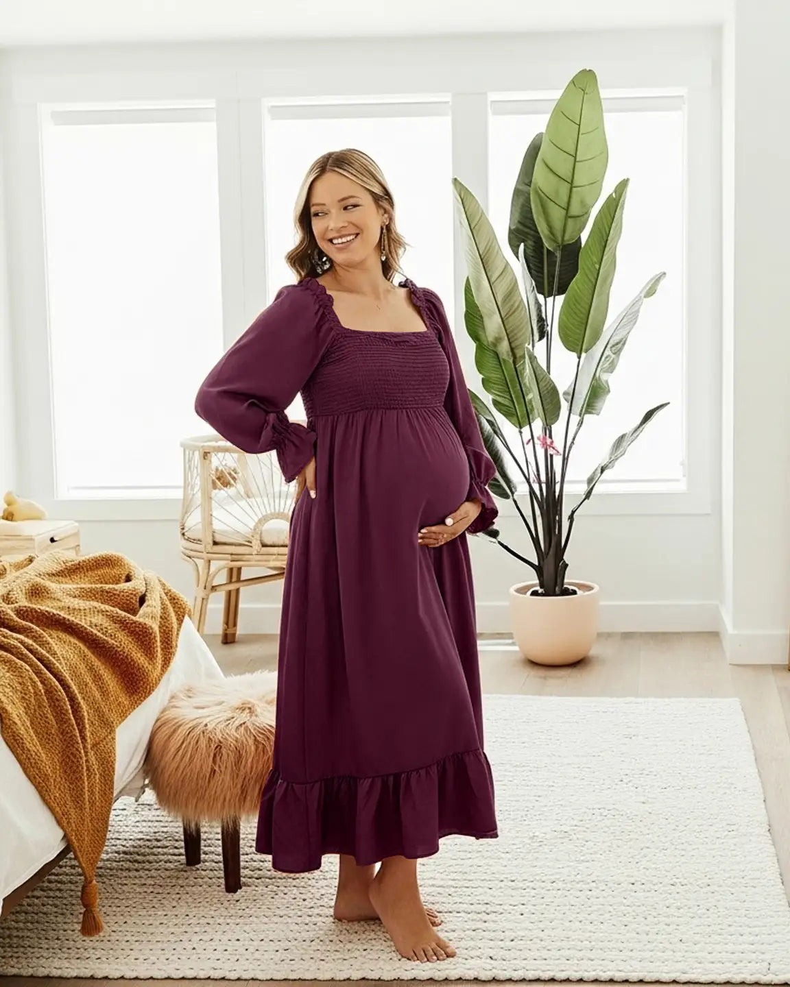 Bishop Sleeves Retro Elegant Maternity Maxi Dress