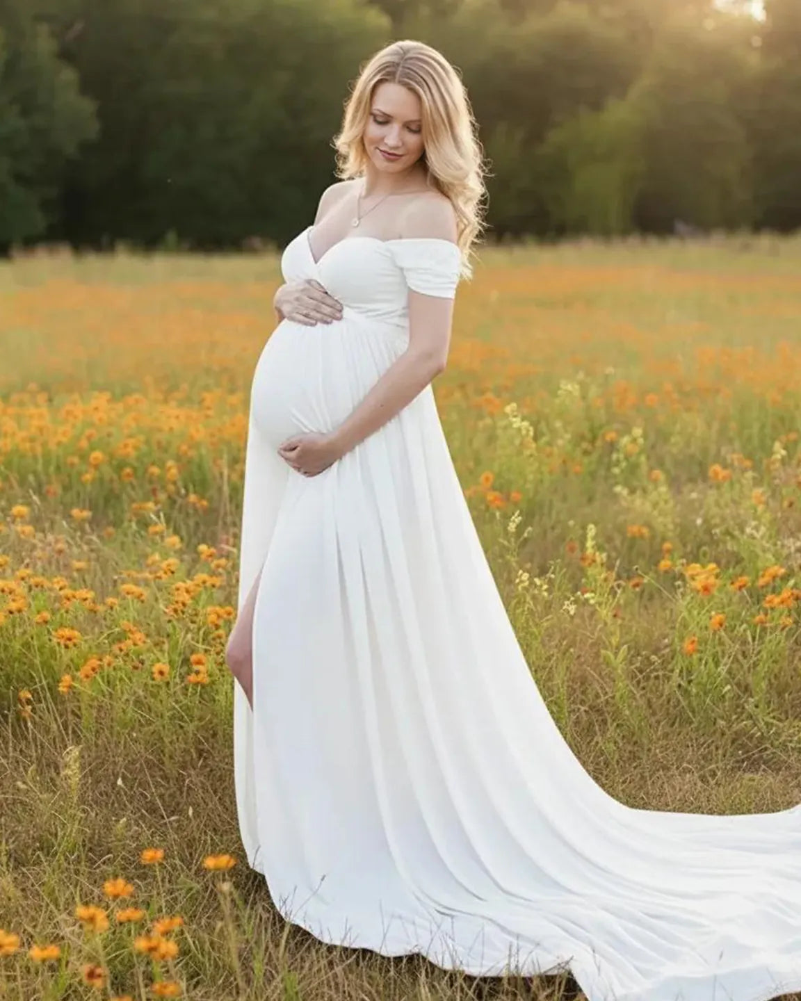 Off Shoulder Laced Flowing Maternity Maxi Dress