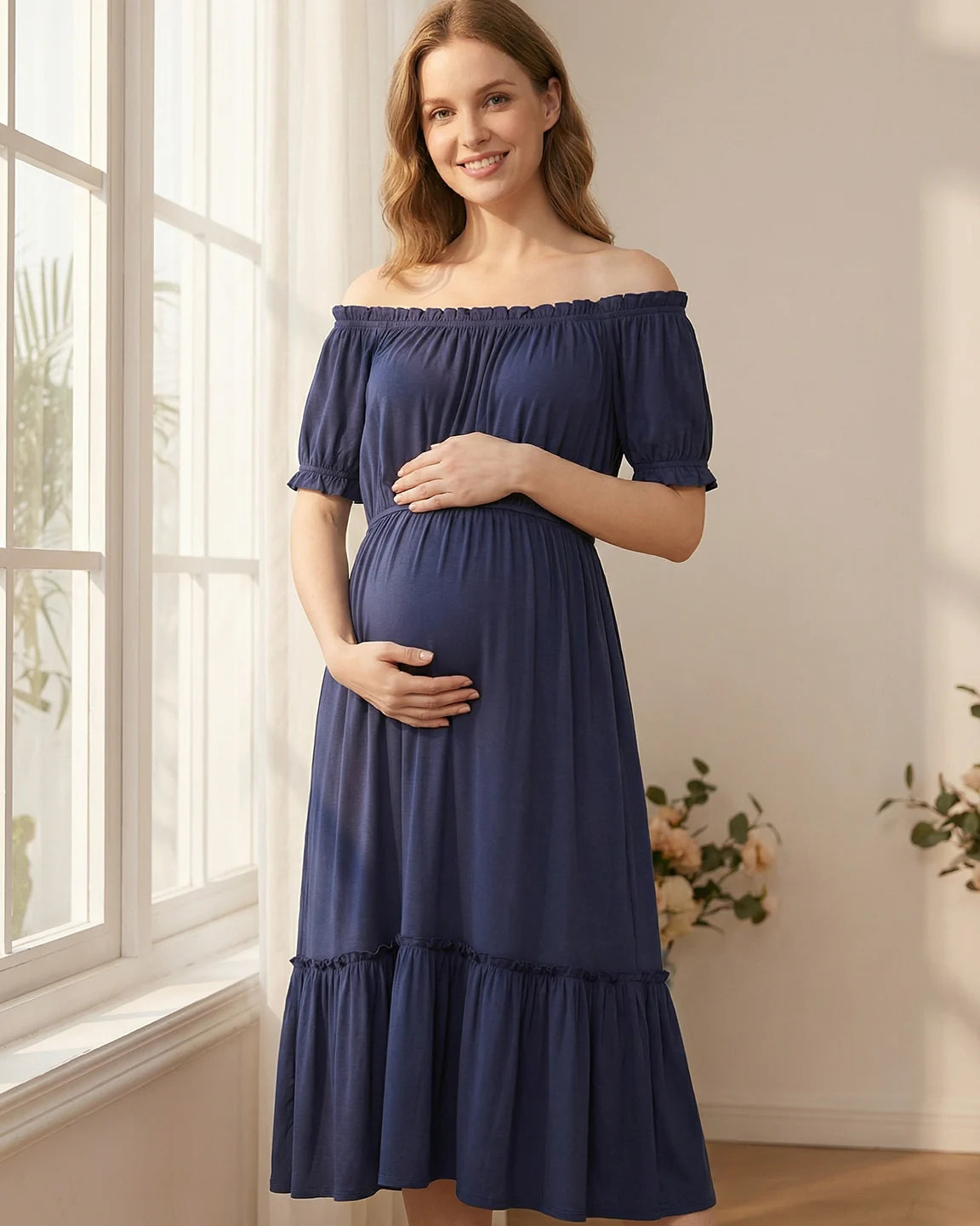 Ruched Off-Shoulder Maternity Midi Dress