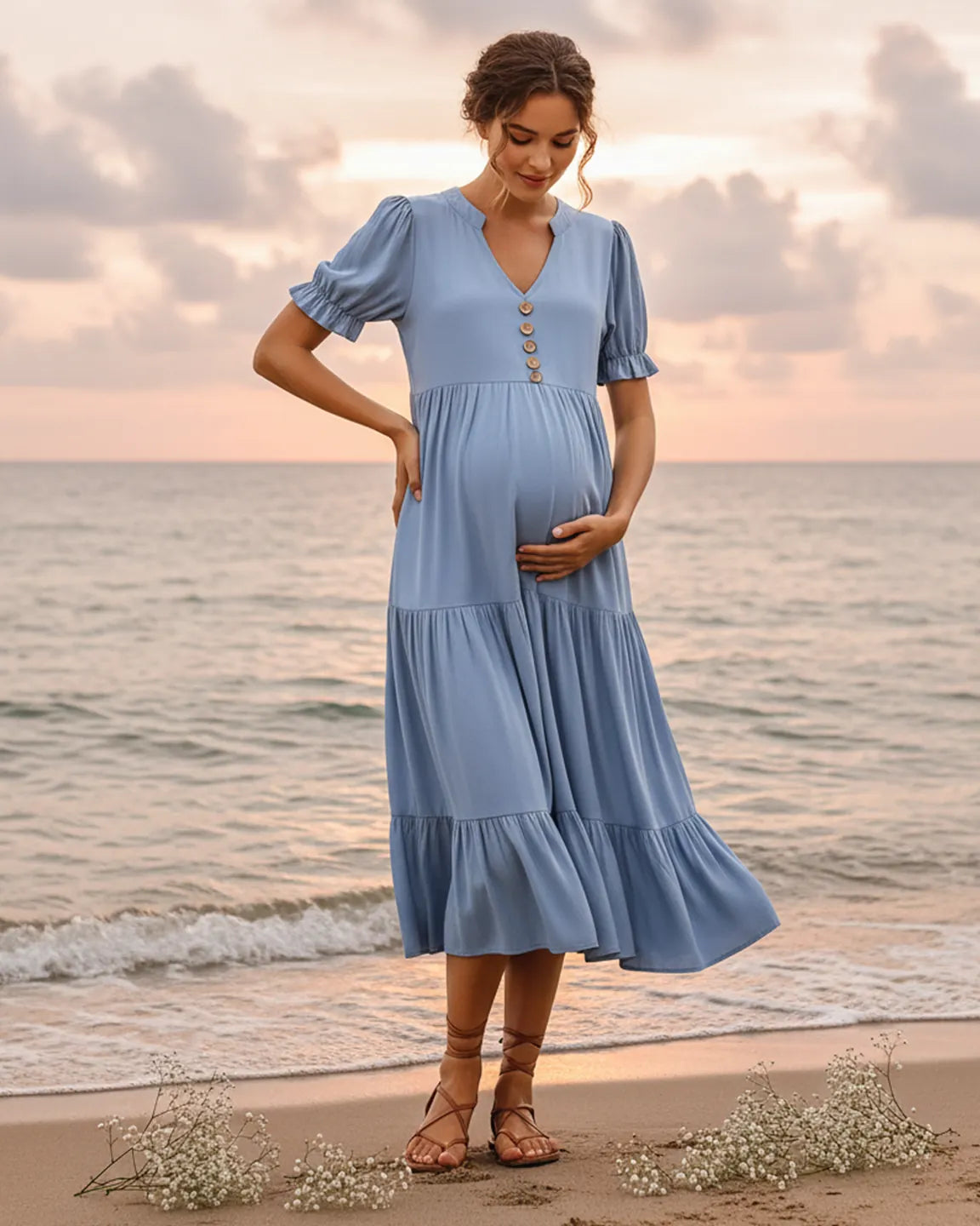 Stand-up Collar Tiered Skirt Maternity Midi Dress