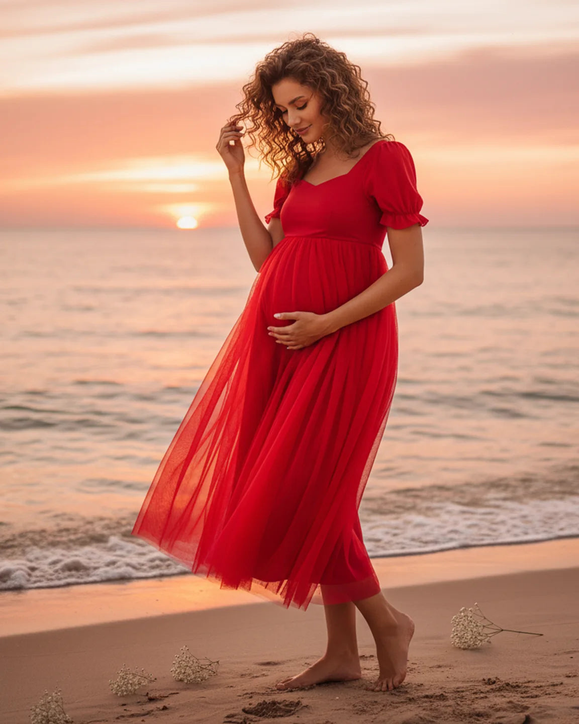 Soft Mesh Layers Romantic Maternity Midi Dress