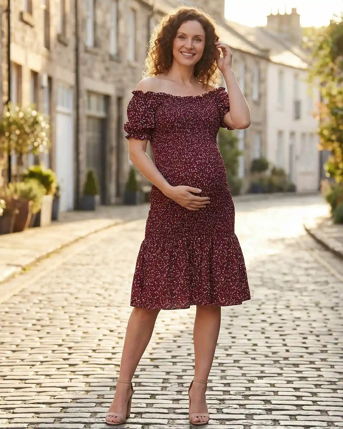 Off-Shoulder Smocked Floral Maternity Midi Dress