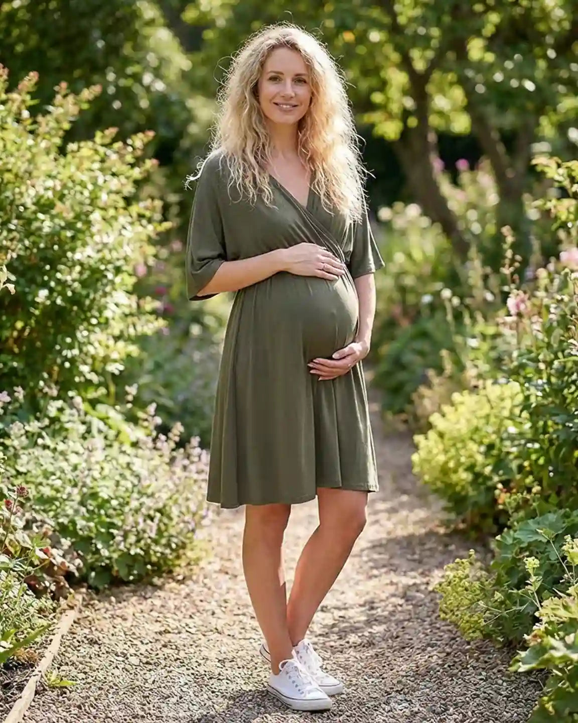 Cross-Front Romantic Style Maternity Midi Dress