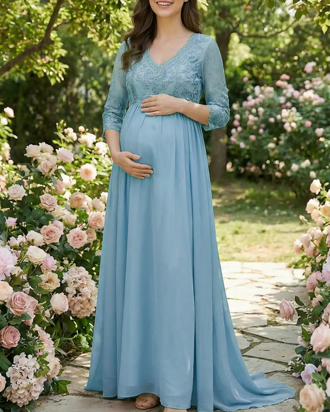 Sheer Lace Bodice Trailing Maternity Photoshoot Dress