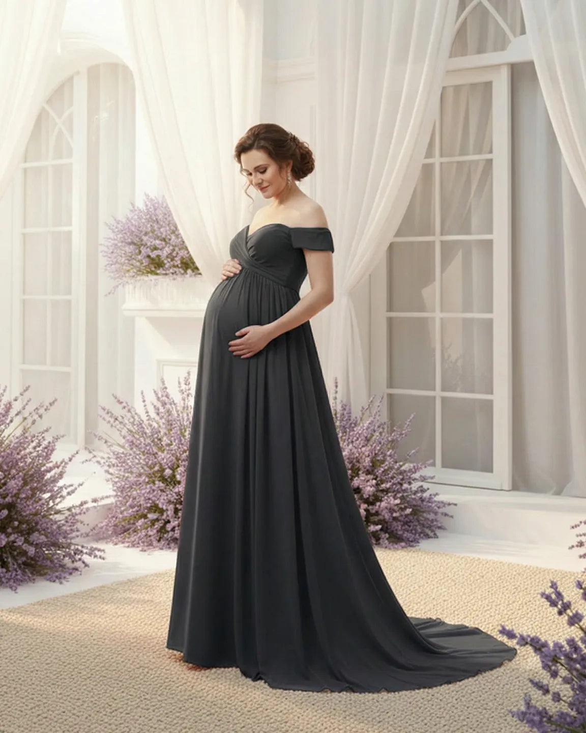 Off-Shoulder Dreamy Maternity Photography Gown