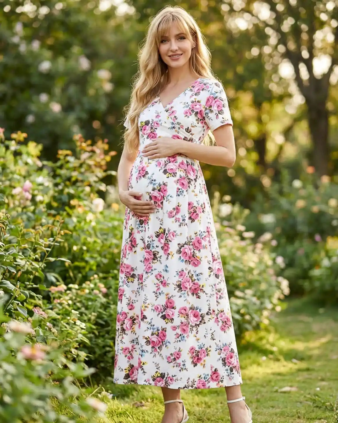 Floral V-Neck Tie-Belt Nursing Maxi Dress