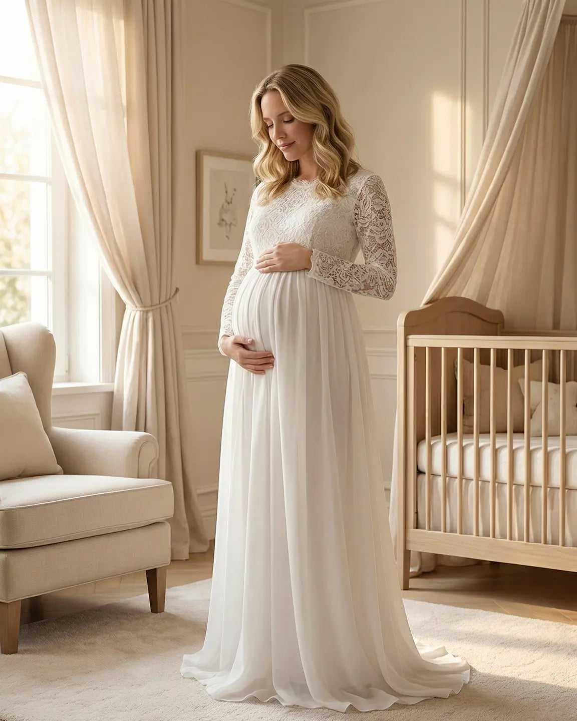 Lace Bodice Flowy Long-Sleeve Maternity Gown