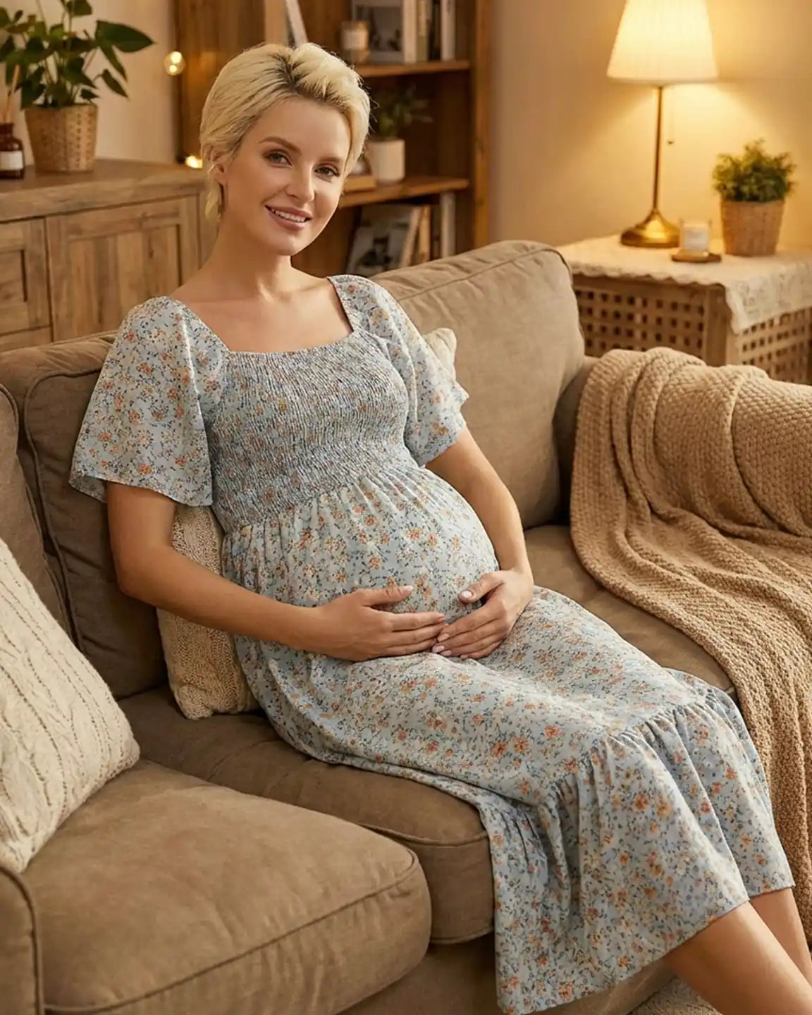 Smocked Bodice Square Neck Maternity Midi Dress